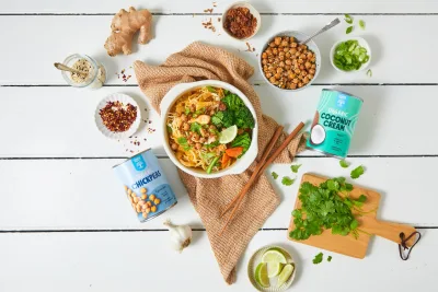 Coconut Curry Chicken Noodle Soup with Spicy Chickpeas - Bin Inn Wholefoods Market